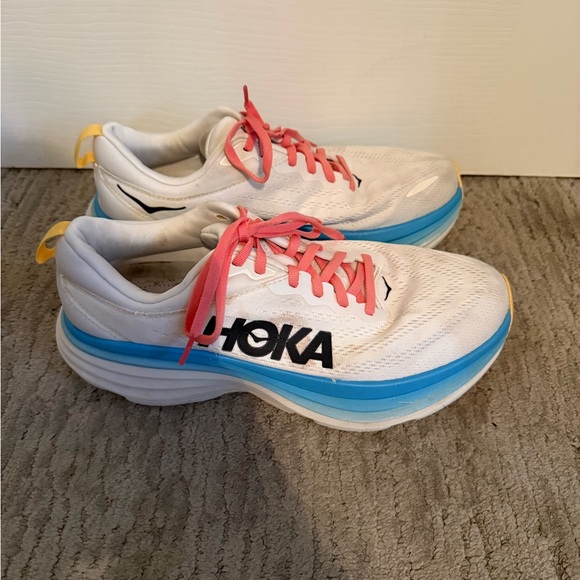 Hoka Shoes - Hoka White and Blue Sneakers with Pink Laces no insoles
